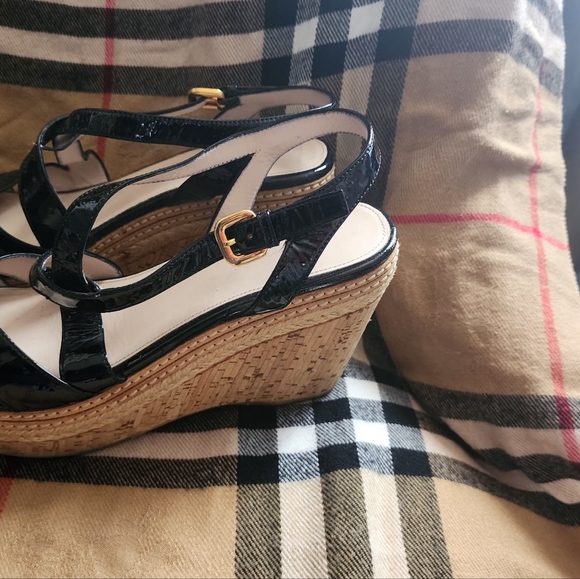 PRADA CORK WEDGE PATENT LEATHER SANDAL STRAPPY  39 1/2 - Picture 6 of 11